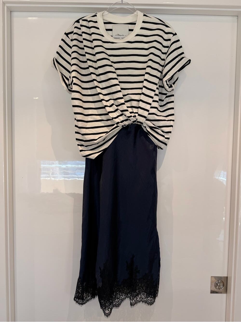 3.1 Phillip Lim Navy Slip Skirt with Black Lace Hem